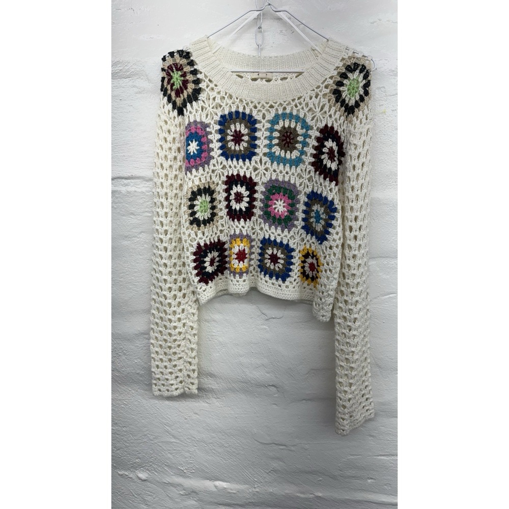 Debut Granny Square Crochet Pullover Sweater Cropped Open Knit Cream Flower Med